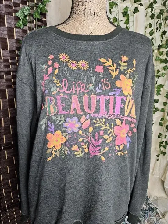 Natural Life Floral Graphic Sweatshirt Oversized Boho Cozy Green Small - Picture 2 of 4